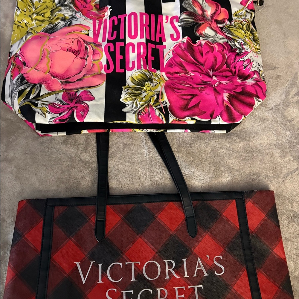 Victoria's Secret Striped Floral Tote - Pink and Black